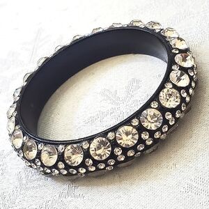 Vintage Heavy Black Metal Enamel Rhinestone Encrusted Bangle (See Description)